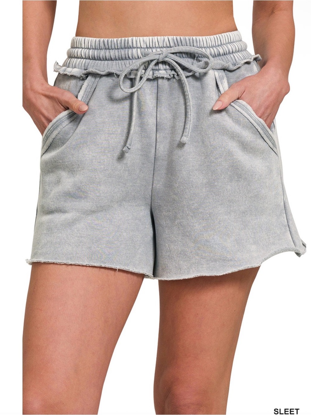 ACID WASH FLEECE DRAWSTRING SHORTS WITH POCKETS